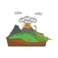 volcán con dinosaurio en montaña ilustración vector