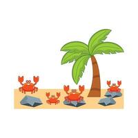 crab character, palm tree with stone in beach illustration vector