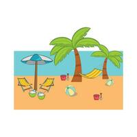 umrbella, palm tree with chair in beach illustration vector