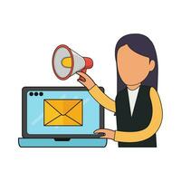 email in laptop with megaphone in hand women illustration vector