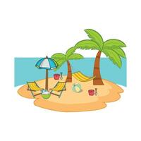 umrbella, palm tree with chair in beach illustration vector