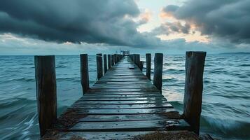 AI generated Stormy Skies Over a Rugged Wooden Dock at Sea photo