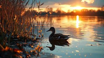 ai generado dorado puesta de sol reflejando en tranquilo aguas con un solitario Pato foto