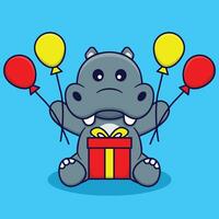 Cute Hippo Holding Balloons and Gifts Vector Cartoon Ilustration