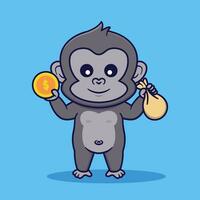 Cute Gorilla Holding Coin And Bag Vector Illustration