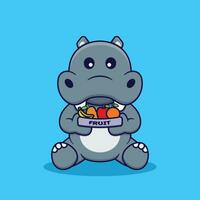 Cute Hippo Holding Fresh Fruits Vector Cartoon Illustration