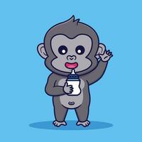 Cute Gorilla Holding Milk Pacifier Vector Cartoon Illustration