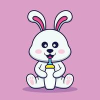 Cute Rabbit Holding Milk Pacifier Vector Cartoon Illustration