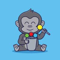 Cute Gorilla Holding A Bucket Of Candy Vector Illustration