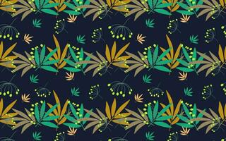 Vector seamless color pattern with leaves and grass. Natural pattern on a dark blue background.Pattern for textiles, wrapping paper and decoration.