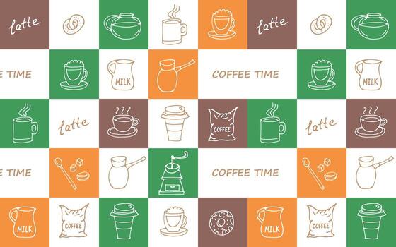 Vector seamless colored checkered pattern with hand-drawn elements in cartoon style. Pattern for textile, wrapping paper with coffee accessories.
