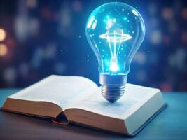 AI generated Glowing light bulb on opening book or textbook to self learning education knowledge or business studying idea thinking concept photo