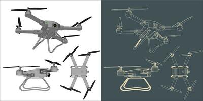 Vector drone or quadcopter line wireframe blueprint