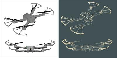 Vector drone or quadcopter line wireframe blueprint