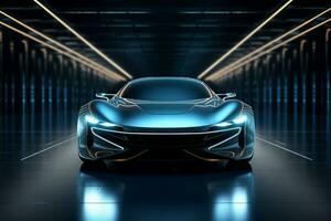 AI generated Future car illuminated in blue neon photo