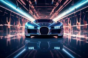 AI generated Future car illuminated in blue neon photo