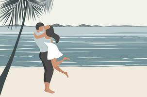 Loving couple embracing on the beach view background vector illustration. Happy valentine's day, love, honeymoon concept