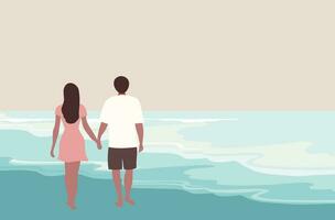 Loving couple embracing on the beach view background vector illustration. Happy valentine's day, love, honeymoon concept