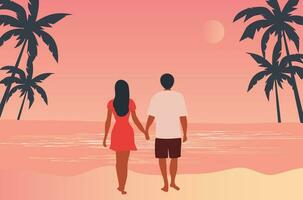 Loving couple embracing on the beach view background vector illustration. Happy valentine's day, love, honeymoon concept