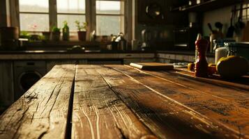 AI generated Empty table in modern kitchen interior, Empty wooden counter table top for product display photo