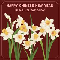 Vector happy chinese new year with narcissus flowers background