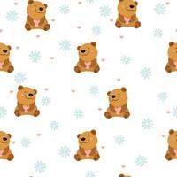 Cute hand-drawn seamless pattern with bears, flowers and hearts vector