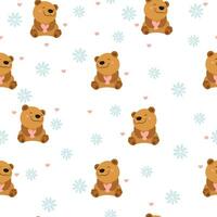 Cute hand-drawn seamless pattern with bears, flowers and hearts vector