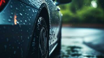 AI generated Car wet, A car in the rain the focus is on the tires, Close-up of car tires on wet, AI Generative photo