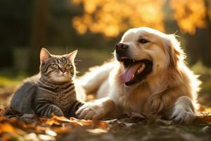 AI generated Close up cat and dog together lying, AI Generative photo