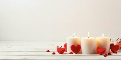 ai generado San Valentín día antecedentes con velas y rojo corazones en blanco de madera mesa generado ai foto