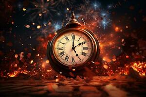 AI generated Image of old vintage pocket watch over burning fire background. Time concept happy new year Generative ai photo