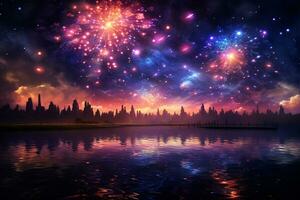 AI generated Colorful fireworks on night sky background. New Year celebration Generative ai photo