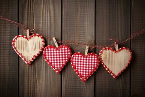 ai generado San Valentín día antecedentes con rojo corazones y pinzas para la ropa en de madera antecedentes contento San Valentín día generado ai foto