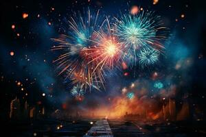 AI generated Colorful fireworks on night sky background. New Year celebration Generative ai photo