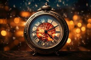 AI generated Image of old vintage pocket watch over burning fire background. Time concept happy new year Generative ai photo