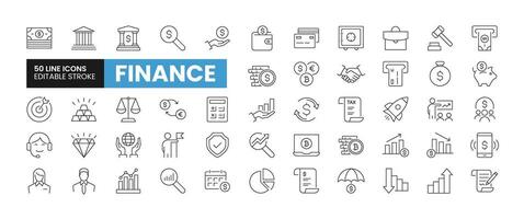 Set of 50 Finance line icons set. Finance outline icons with editable stroke collection. Includes Money, Bank, Savings, Global Business, Tax, and More. vector