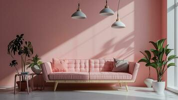 AI generated pastel pink living room interior design with sofa minimal aesthetic 3d rendered photo