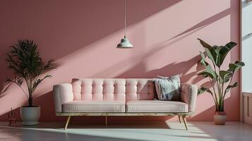 AI generated pastel pink living room interior design with sofa minimal aesthetic 3d rendered photo