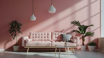 AI generated pastel pink living room interior design with sofa minimal aesthetic 3d rendered photo