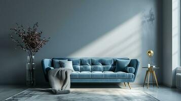 AI generated living room interior design with sofa minimal aesthetic blue velvet 3d rendered photo