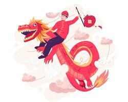 Happy Chinese New Year With a Boy Riding on a Dragon in the Sky. A Happy Asian Boy Is Flying on a Friendly Chinese Dragon While Holding a Lantern vector