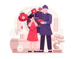 A Grandfather Giving a Red Envelope of Lucky Money to His Grandchildren. A Happy Asian Girl Receiving a Red Envelope vector