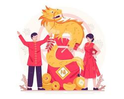 A Young Couple in Traditional Chinese Costumes Celebrates Chinese New Year With a Yellow Dragon. A Man Holding Confetti, a Woman Holding a Red Envelope and a Lantern vector