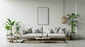 AI generated living room interior design with sofa minimal aesthetic 3d rendered photo