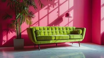 AI generated pink living room interior design with sofa minimal aesthetic 3d rendered photo