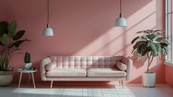 AI generated pastel pink living room interior design with sofa minimal aesthetic 3d rendered photo