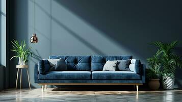 AI generated living room interior design with sofa minimal aesthetic blue velvet 3d rendered photo