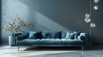 AI generated living room interior design with sofa minimal aesthetic blue velvet 3d rendered photo