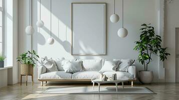 AI generated White living room interior design with sofa minimal aesthetic 3d rendered photo
