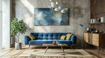 AI generated living room interior design with sofa minimal aesthetic blue velvet 3d rendered photo